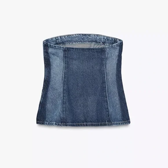Zara NWT two tone denim medium blue dark navy blue bandeau strapless tube top - Picture 8 of 9